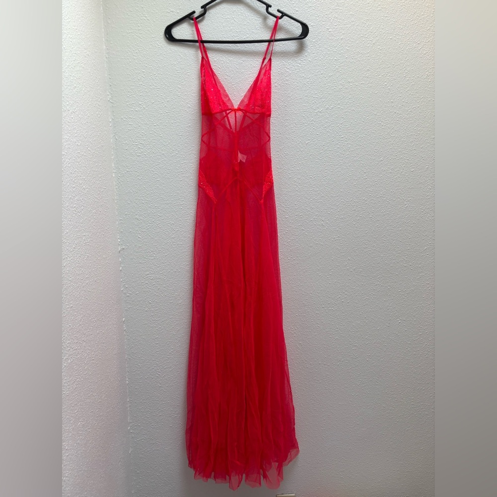 Victoria's Secret Red Pink Cheer Rhinestone Maxi Chemise Size Small